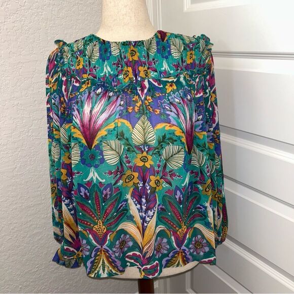 Nicole Miller Floral Print Bohemian Pleated Bib Shirt Blouse Top - Picture 1 of 14